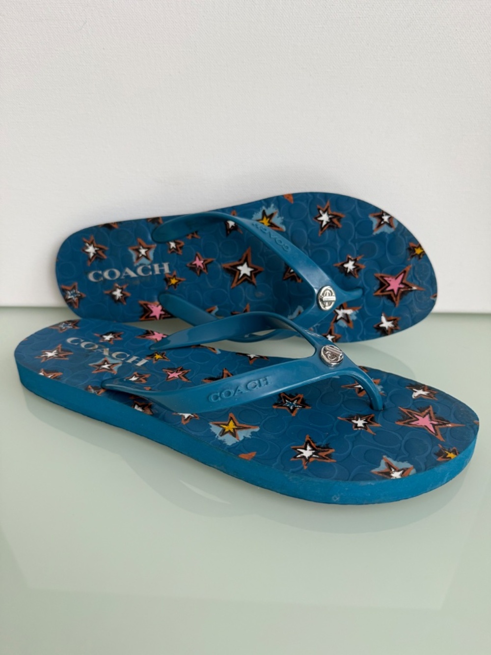 Coach Abbigail Flip Flop Sandals Teal Blue Star Detail Size 7/8 - Picture 10 of 14